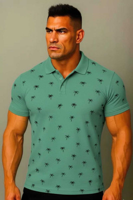 QOWL Printed Men Polo Neck Dark Green T-Shirt