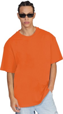 Leotude Solid Men Round Neck Orange T-Shirt