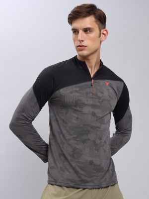 TECHNOSPORT Printed Men Zip Neck Black, Grey T-Shirt