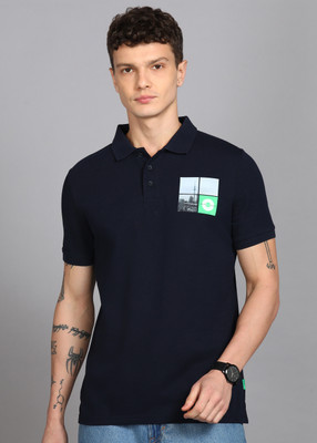 United Colors of Benetton Printed Men Polo Neck Dark Blue T-Shirt