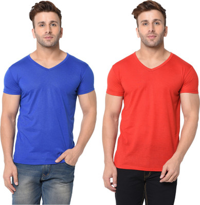 Tresna Trending Solid Men V Neck Red, Blue T-Shirt