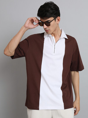 WEARDUDS Colorblock Men Polo Neck Brown, White T-Shirt