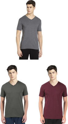 JOCKEY Solid Men V Neck Grey, Dark Green, Maroon T-Shirt