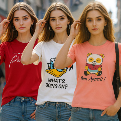 Fabflee Printed Women Round Neck Multicolor T-Shirt