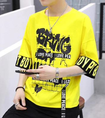 Conway Printed, Typography Men Round Neck Yellow T-Shirt