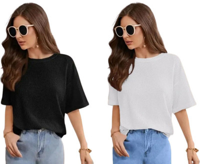 SriSaras Solid Women Round Neck Black, White T-Shirt