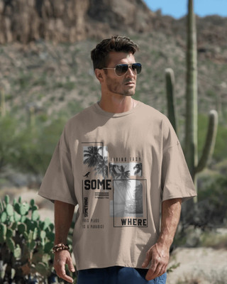 silver moon clothing Graphic Print Men Round Neck Beige T-Shirt