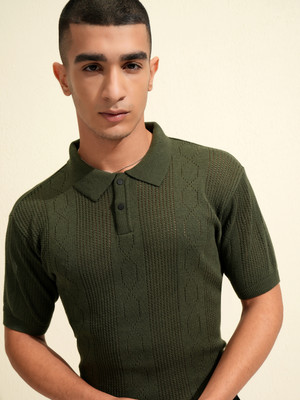 HIGHLANDER Self Design Men Polo Neck Green T-Shirt