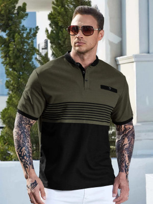 EyeBogler Colorblock Men Mandarin Collar Grey, Black T-Shirt