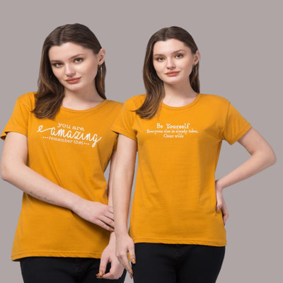 ZAVERA Typography Women Round Neck Reversible Yellow T-Shirt