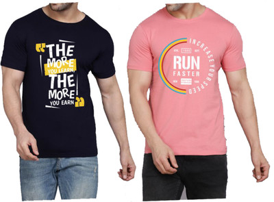 WOOSTRO Printed Men Round Neck Dark Blue, Pink T-Shirt