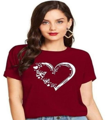 SAHAL Printed Women Round Neck Maroon T-Shirt