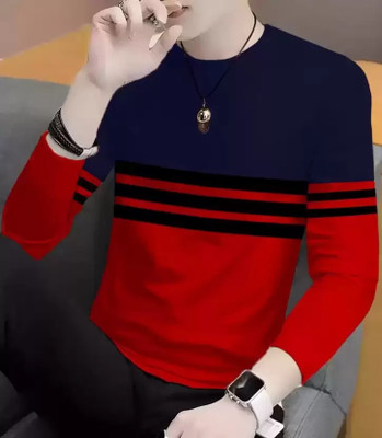 KASPY Striped Men Round Neck Navy Blue, Red, Black T-Shirt