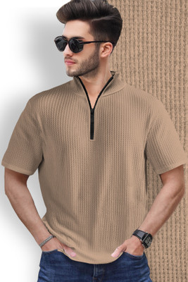TRIPR Solid Men High Neck Beige T-Shirt