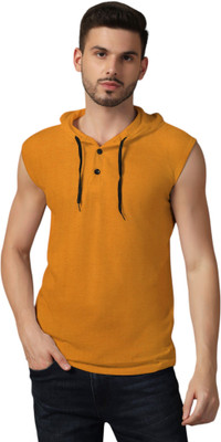 GEUM Solid Men Hooded Neck Gold T-Shirt