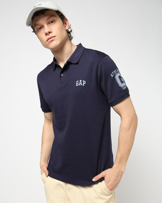 GAP Solid Men Polo Neck Navy Blue T-Shirt
