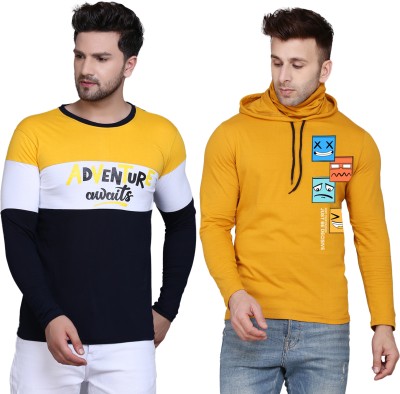 SLOWLORIS Printed Men Hooded Neck Yellow, White T-Shirt