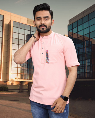 METRONAUT Solid Men Mandarin Collar Pink T-Shirt