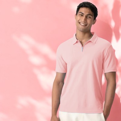 INDICLUB Solid Men Polo Neck Pink T-Shirt