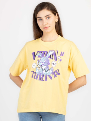Status Quo Graphic Print Women Round Neck Yellow T-Shirt