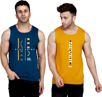 SLOWLORIS Printed Men Round Neck Dark Blue, Yellow T-Shirt