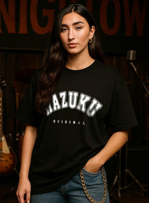 Hazuku Printed Women Round Neck Black T-Shirt
