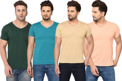 JB Jagoboy Solid Men V Neck Light Blue, Green, Beige T-Shirt