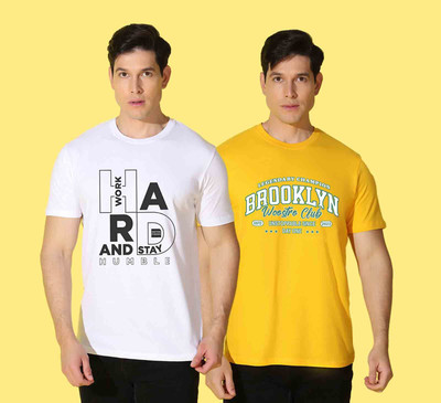 WOOSTRO Typography Men Round Neck White, Yellow T-Shirt
