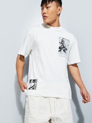 MAX Printed Men Round Neck Beige T-Shirt