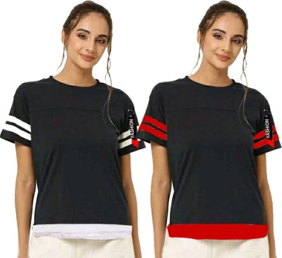 FARBOT Colorblock Women Round Neck Black, White, Red T-Shirt