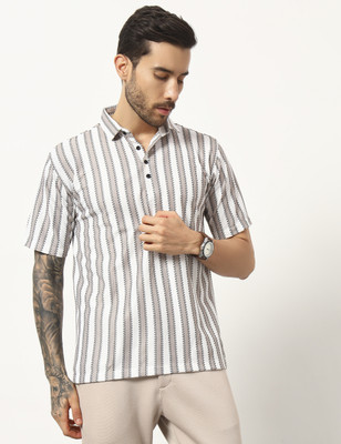 WOXEN Striped Men Polo Neck Beige, White T-Shirt