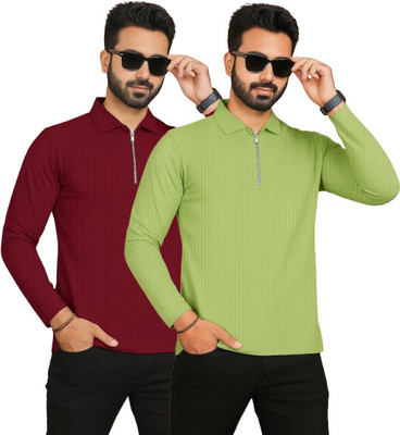 HELMONT Solid Men Zip Neck Maroon, Green T-Shirt
