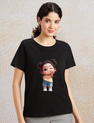 Gujjuunicorns Geometric Print Women Round Neck Black T-Shirt