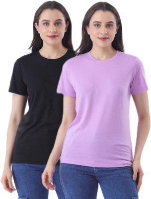 Ns Fashion Solid Women Round Neck Purple, Black T-Shirt