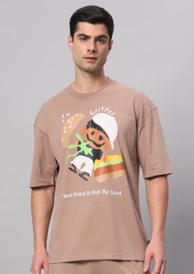 GRIFFEL Self Design Men Round Neck Brown T-Shirt