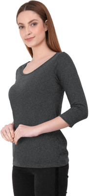 THE BLAZZE Solid Women Round Neck Navy Blue T-Shirt