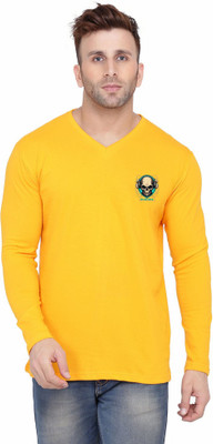 Lawful Casual Graphic Print Men V Neck Yellow T-Shirt