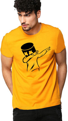 sms creation Printed Men Round Neck Yellow T-Shirt