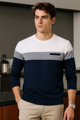 Autna Colorblock Men Round Neck Navy Blue T-Shirt