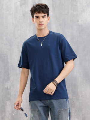 WROGN Solid Men Crew Neck Navy Blue T-Shirt