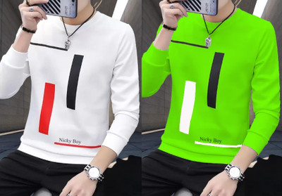 Lieo Trend Printed Men Round Neck White, Light Green T-Shirt