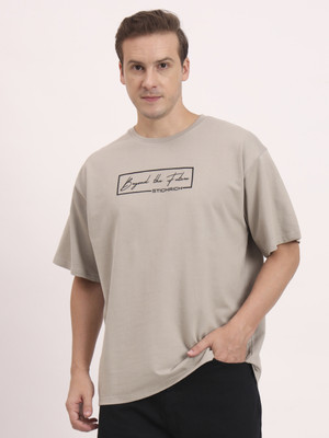STICHRICH Solid Men Round Neck Beige T-Shirt