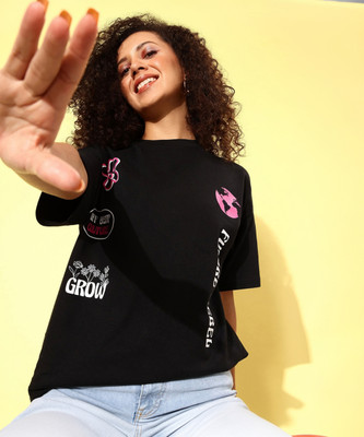 Kook N Keech Printed Women Round Neck Black T-Shirt