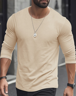 KAJARU Solid Men Round Neck Beige T-Shirt