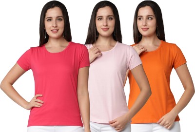 Club A9 Solid Women Round Neck Red, Pink, Orange T-Shirt