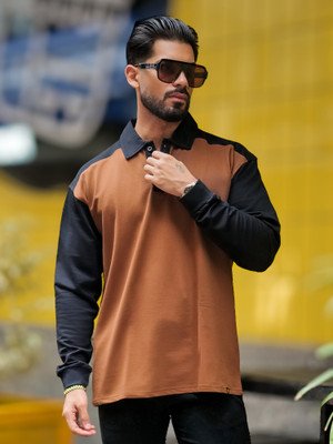 MANIAC Colorblock Men Polo Neck Brown T-Shirt