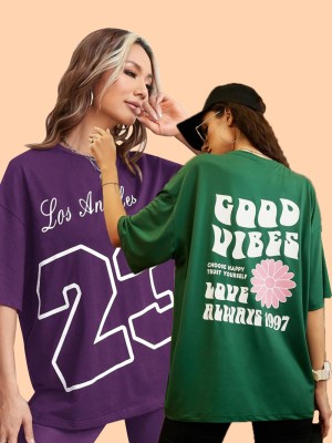 SYDNEY HILLS Printed Women Round Neck Purple, Dark Green T-Shirt