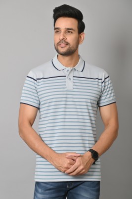 Arbour Striped Men Polo Neck Light Blue T-Shirt