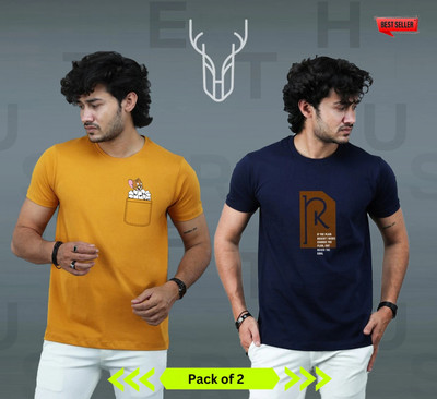 t-hustler Printed Men Round Neck Navy Blue, Yellow T-Shirt