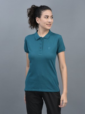 Dollar Solid Women Polo Neck Light Blue T-Shirt